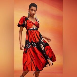 Puff Sleeve Front Cutout Midi Dress